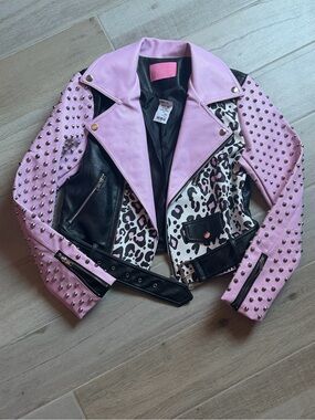 Women's Pink & Black Studded Leather Moto Jacket with Leopard Panels